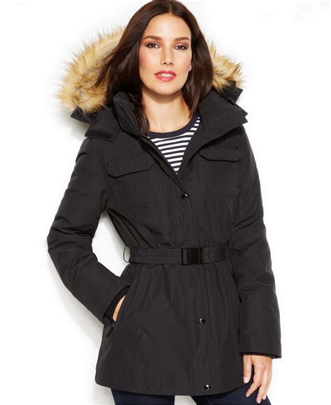 michael kors belted faux fur trim hooded puffer jacket|Michael Kors faux fur jacket.